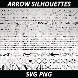 Op de afbeelding: Een grote verzameling zwarte en witte pijlsilhouetten in verschillende stijlen, waaronder rechte, gebogen en gevederde. De pijlen zijn gerangschikt in rijen en kolommen, met de tekst "ARROW SILHOUETTES" bovenaan en "SVG PNG" onderaan.