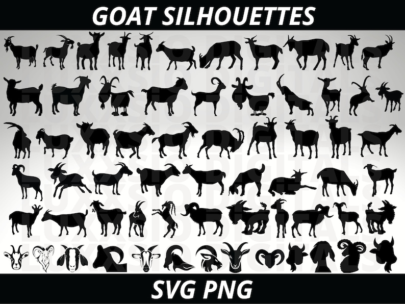 May include: A collection of 50 black goat silhouettes in various poses, including standing, running, and jumping. The silhouettes are arranged in rows and columns, with the text "GOAT SILHOUETTES" at the top and "SVG PNG" at the bottom.