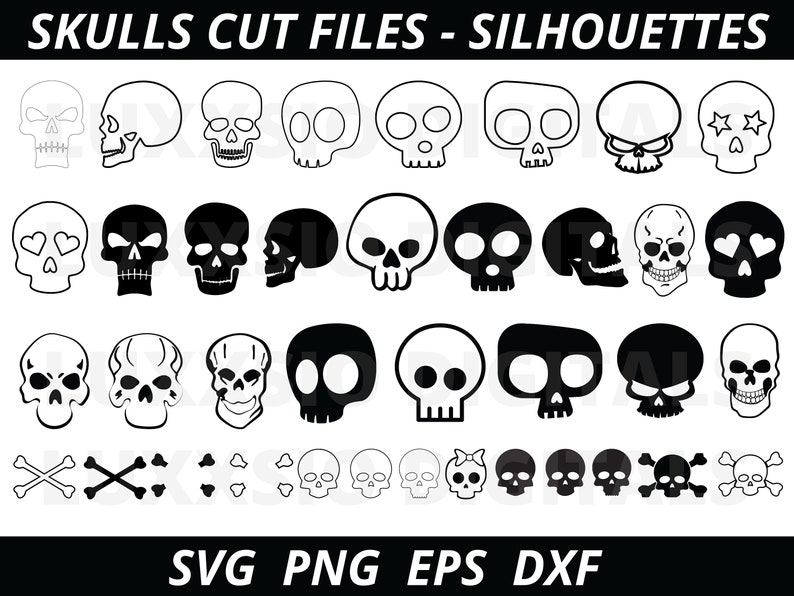 Op de afbeelding: Een verzameling zwart-wit schedelontwerpen in verschillende stijlen. De afbeelding bevat omtrek- en effen schedelillustraties, sommige met unieke kenmerken zoals harten of sterren. De tekst bovenaan luidt "SKULLS CUT FILES - SILHOUETTES". De tekst onderaan geeft bestandsformaten aan: SVG PNG EPS DXF.