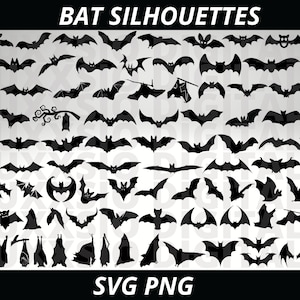 May include: A collection of 70 black bat silhouettes in various poses and sizes. The bats are arranged in rows and columns on a white background. The image includes the text "BAT SILHOUETTES" and "SVG PNG".