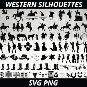 Könnte beinhalten: Eine Sammlung von schwarzen und weißen Silhouettenbildern von Cowboys, Pferden und Western-Motiven. Die Bilder zeigen Cowboys, die auf Pferden reiten, stehende Cowboys, Pferde, einen Wagen, ein Hufeisen, eine Pistole, einen Kaktus, einen Cowboyhut, ein Paar Stiefel, eine Saloontür, ein Fahndungsplakat, einen Geldbeutel und einen Schädel. Der Text "WESTERN SILHOUETTES" und "SVG PNG" ist ebenfalls im Bild enthalten.