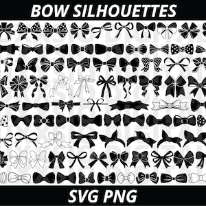 May include: A collection of 100 black and white bow silhouettes. The bows are in various shapes and sizes, including classic, ribbon, and knotted styles. The image includes the text "BOW SILHOUETTES" and "SVG PNG".