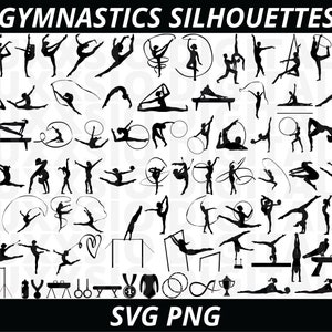 May include: A collection of black silhouette images of gymnasts performing various poses and routines. The images include gymnasts on the uneven bars, balance beam, floor exercise, and with a ribbon. The images are ideal for use in scrapbooking, card making, and other craft projects.