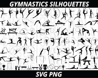 May include: A collection of black silhouette images of gymnasts performing various poses and routines. The images include gymnasts on the uneven bars, balance beam, floor exercise, and with a ribbon. The images are ideal for use in scrapbooking, card making, and other craft projects.