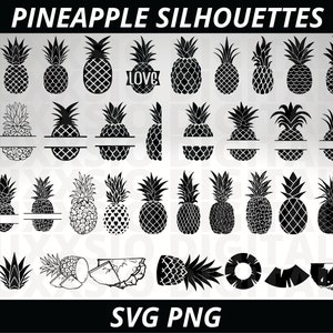 May include: A set of 30 black and white pineapple silhouette SVG and PNG files. The pineapples are in various styles, including whole pineapples, pineapple slices, and pineapple leaves. The text "Aloha" and "Love" are included in the image.
