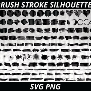 May include: A collection of 100 black brush stroke silhouettes in various shapes and sizes, including circles, squares, hearts, and abstract shapes. The image is labeled "Brush Stroke Silhouettes" and "SVG PNG".
