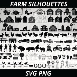 Peut inclure: Une collection de silhouettes de ferme noires et blanches, comprenant des granges, des animaux, des tracteurs et d'autres objets liés à la ferme. Les silhouettes sont disposées en rangées et en colonnes sur un fond blanc. Le texte "FARM SILHOUETTES" est en haut de l'image, et le texte "SVG PNG" est en bas.