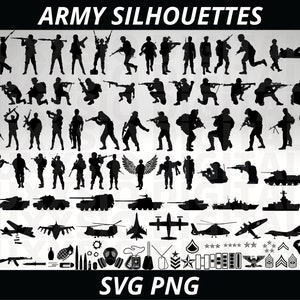 May include: A collection of black silhouette images of military personnel, vehicles, and equipment. The images include soldiers, tanks, helicopters, and other military gear. The text "ARMY SILHOUETTES" and "SVG PNG" are at the top and bottom of the image.
