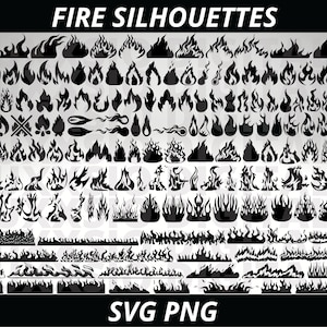 Könnte beinhalten: Eine große Sammlung von schwarzen und weißen Feuerschatten-Illustrationen. Die Illustrationen umfassen verschiedene Formen und Größen von Flammen, darunter einfache Flammen, Flammen mit Rauch und Flammen mit einem detaillierteren Design. Der Text "FIRE SILHOUETTES" befindet sich oben im Bild, und der Text "SVG PNG" befindet sich unten im Bild.