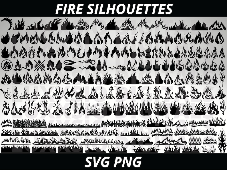 K&ouml;nnte beinhalten: Eine gro&szlig;e Sammlung von schwarzen und wei&szlig;en Feuerschatten-Illustrationen. Die Illustrationen umfassen verschiedene Formen und Gr&ouml;&szlig;en von Flammen, darunter einfache Flammen, Flammen mit Rauch und Flammen mit einem detaillierteren Design. Der Text "FIRE SILHOUETTES" befindet sich oben im Bild, und der Text "SVG PNG" befindet sich unten im Bild.