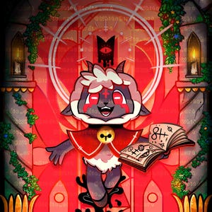 May include: Digital illustration featuring a cartoon lamb character with red eyes, a red cape, and a golden bell. The lamb holds a book with symbols. The background is a red and black gothic design with the text "+ Free print illustration!"