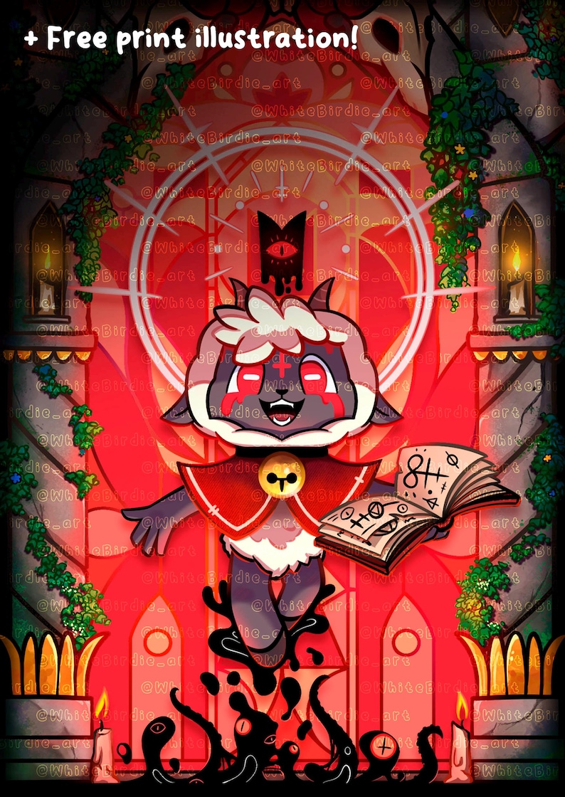 May include: Digital illustration featuring a cartoon lamb character with red eyes, a red cape, and a golden bell. The lamb holds a book with symbols. The background is a red and black gothic design with the text "+ Free print illustration!"