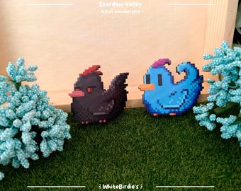 Stardew Valley Chickens - Pixelart houten pinnen Cosy Cottagecore - retrostijl