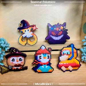 Pokemon Seaonal Special Pixelart wooden pins - Rowlet, Gengar, Piplup, Psyduck & Jirachi