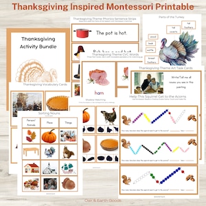 Tarjetas Montessori de Acción de Gracias para imprimir / Tarjetas Montessori de tres partes / Partes del pavo / Tarjetas de juego de la serpiente positiva / Páginas de libros con actividades