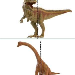 May include: Two-part dinosaur puzzle featuring a Tyrannosaurus Rex and a Brachiosaurus. The dinosaurs are brown and tan with a dashed line down the center of each image.