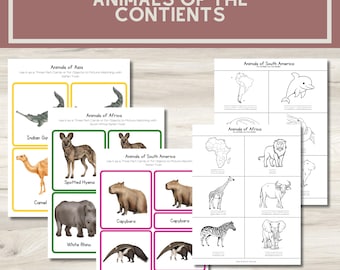 May include: A set of printable educational worksheets featuring animals from different continents. The worksheets include images of animals such as a camel, spotted hyena, white rhino, capybara, anteater, Indian Gharial, giraffe, zebra, lion, elephant, and a dolphin. The worksheets are designed for use with three-part cards or for object to picture matching.