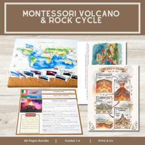 May include: A Montessori volcano and rock cycle educational bundle featuring a world map with volcano markers, a life cycle of a volcano diagram, and informational cards with text about volcanoes like Kilauea, Stromboli, and Mount Yasur.