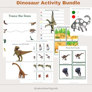 Download instantâneo de atividades de dinossauros Montessori - Cartões Montessori de três partes - Imprimíveis pré-escolares - Atividades de dinossauros