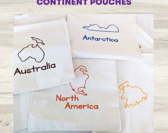Montessori Continent Pouches | Fabric Embroidered Pouches for Continents | Montessori World Map