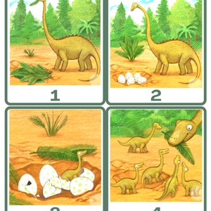 May include: A set of four illustrated story cards featuring a green dinosaur laying eggs, hatching from the eggs, and caring for its young. The cards are numbered 1 through 4.