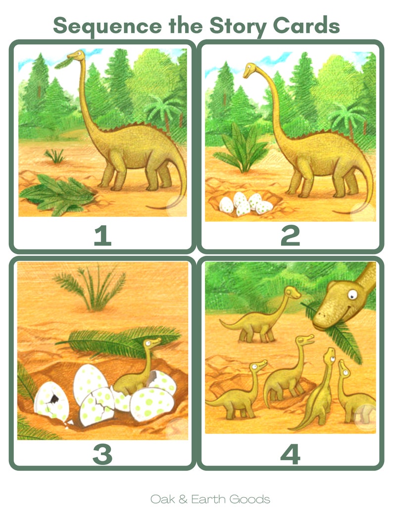 May include: A set of four illustrated story cards featuring a green dinosaur laying eggs, hatching from the eggs, and caring for its young. The cards are numbered 1 through 4.