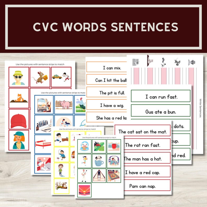 May include: Educational CVC words and sentences learning materials. The image shows several sheets with colorful illustrations and sentence strips. The text includes phrases like "I can mix" and "The cat sat on the mat."