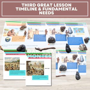 Puede incluir: Exhibición educativa con el texto "THIRD GREAT LESSON TIMELINE & FUNDAMENTAL NEEDS." Incluye líneas de tiempo impresas, ilustraciones y modelos de artefactos relacionados con la historia humana y la Edad de Piedra.