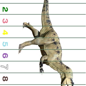 May include: A dinosaur number puzzle with a green, brown, and gray dinosaur on a white background. The dinosaur is numbered 1 through 9. The numbers are in different colors.