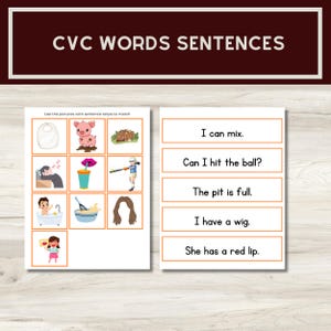 May include: Educational CVC words and sentences learning activity. The image shows two white cards with orange borders. One card has pictures, the other has sentences like "I can mix." The title reads "CVC WORDS SENTENCES."