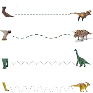 May include: A printable worksheet with the text "Trace the lines" at the top. The worksheet features four lines with dashed lines for children to trace. Each line is connected to a different dinosaur illustration.