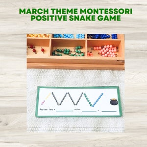 Cartões de jogo positivos da serpente de Montessori | Matemática Montessori | Matemática do tema de São Patrício | Pote de Ouro Tema Matemática