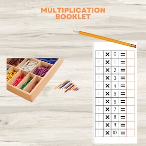 May include: A multiplication booklet with a table of numbers from 0 to 10. The booklet is on a white background. There are colorful beads in the background.