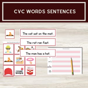 May include: Educational material with the text "CVC WORDS SENTENCES." The image includes illustrated sentences like "The cat sat on the mat" and "The rat ran fast." There are also picture prompts and a writing sheet with pink lines and a pencil.
