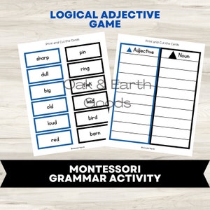Könnte beinhalten: Montessori-Grammatikspiel mit zwei weißen Karten. Eine Karte hat Spalten für Adjektive und Substantive. Die andere Karte hat blau umrandete Kästchen mit Wörtern wie "scharf", "stumpf" und "groß". Der Text "LOGICAL ADJECTIVE GAME" steht oben.