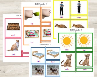 May include: A set of Montessori CVC word cards featuring images and words like "cop", "sip", "mat", "cat", "sun", "cub", "bed", and "wet".