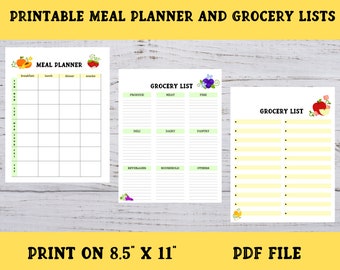 Printable Meal Planner and Grocery Lists, Weekly Meal Planner,  Printable Grocery Lists, Unlimited Print Meal Planner and Grocery Lists