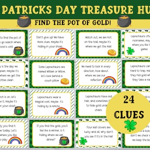 May include: A set of 24 green and yellow St. Patrick's Day treasure hunt clue cards with a pot of gold and shamrock graphics. The cards have instructions for a scavenger hunt game with clues like "We hope to find the pot of gold, let's go search where the food is cold" and "Leprechauns often have nicknames, maybe it's where you like to play games."
