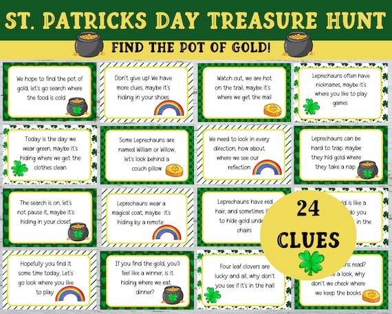 St Patrick's Day Treasure Hunt Game, Scavenger Hunt for Kids, Kids Indoor Treasure Hunt Game, Printable Find the Pot of Gold Game