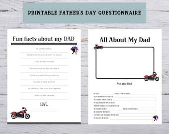 Printable Father's Day All About Dad Questionnaire, Motorcycle  Dad Themed Gift From Kids, Last Minute Fathers Day Gift, Instant Download