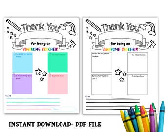 Teacher Appreciation Thank You Printable, Thank You Teacher Gift,  All About My Teacher,  Thank You Teacher Coloring Pages