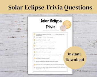 Solar Eclipse Trivia Questions, Kids Solar Eclipse Activity, Printable Solar Eclipse Classroom Trivia, Trivia Questions for Kids