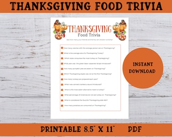 May include: Printable Thanksgiving Food Trivia game with 12 questions about Thanksgiving traditions. The game is designed to be printed on 8.5 x 11 inch paper. The background is a wood grain pattern with a pumpkin and pie design.