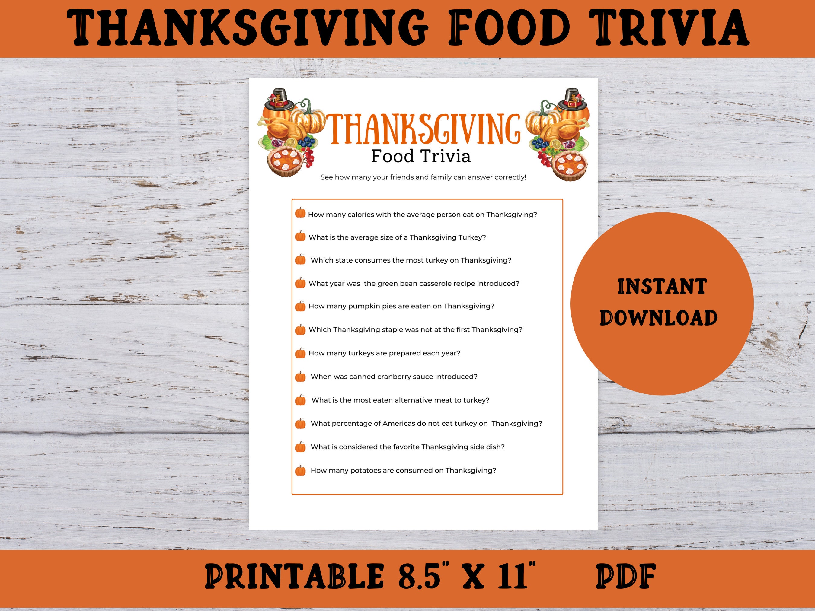 Thanksgiving Food Trivia Game, Thanksgiving Party Trivia Game