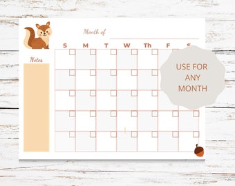 Printable Fall Squirrel Calendar Page, Fall Printables, Fall Printable Calendar Pages, Squirrel Calendar Page, Squirrel Printables
