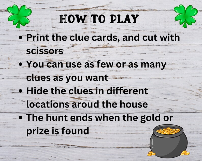 Op de afbeelding: Instructies voor het spelen van een speurtocht. Print, knip, verstop en vind aanwijzingen. Het spel eindigt wanneer de schat of de prijs is gevonden.