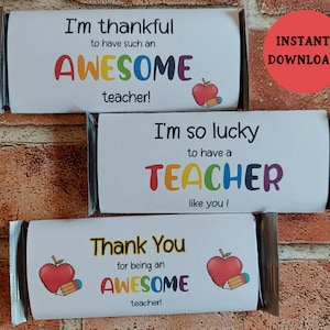Teacher Appreciation Gift, Printable Candy Bar Wrappers, Thank you Gift for Teachers, Chocolate Bar Favors, Printable Teacher Gift