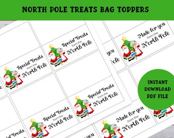 North Pole Treats Bag Topper, Printable Candy Bag Topper, Classroom Christmas Party Favor Tag, Christmas Treat Bags Toppers