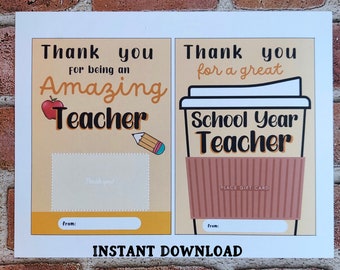 Teacher Appreciation Gift Card Holder, Teacher Thank You Gift, Printable Thank You Card, Last Minute Teacher Gift, Teacher Coffee Card