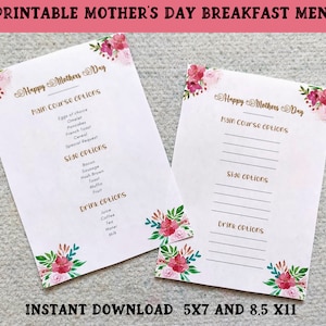 Wydrukuj menu na Dzień Matki, Menu śniadaniowe na Dzień Matki, Wydrukuj menu dla mamy, Specjalny prezent menu dla mamy, Wypełnij menu, Natychmiastowe pobieranie